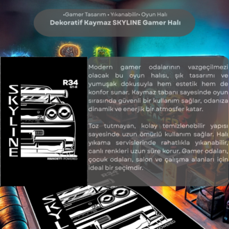 Nissan Skyline R34 Oyun Odası Halısı Gamer Odası Dekoratif Kaymaz Taban Yıkanabilir