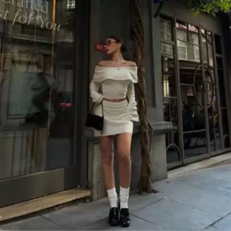 Straplez , Madonna , Carmen Yaka Croplu Mini Etekli ikili Takım Triko - Beyaz
