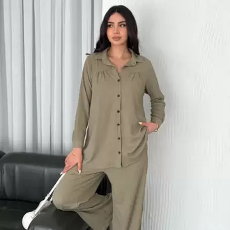 Yakalı Düğmeli Uzun Kollu Gömlek Pantolon ikili Takım - Bej