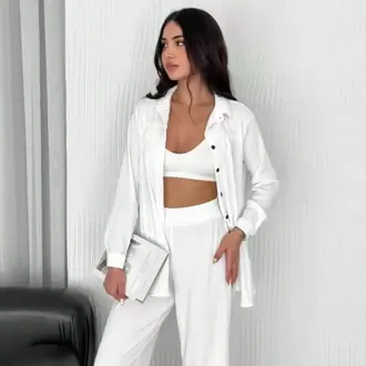 Yakalı Düğmeli Uzun Kollu Gömlek Pantolon ikili Takım - Beyaz