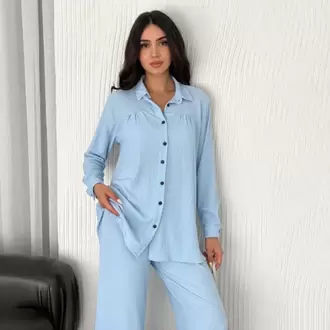 Yakalı Düğmeli Uzun Kollu Gömlek Pantolon ikili Takım - Bebek Mavisi