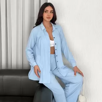 Yakalı Düğmeli Uzun Kollu Gömlek Pantolon ikili Takım - Bebek Mavisi