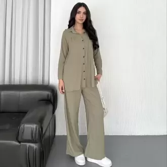 Yakalı Düğmeli Uzun Kollu Gömlek Pantolon ikili Takım - Bej