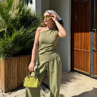 Kadın Keten Asimetrik Tek Omuzlu Bluz Pantalon Takım- Su Yeşili