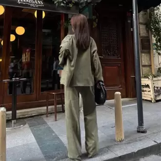 Süet Gömlek Palazzo Pantolon İkili Takım - Haki