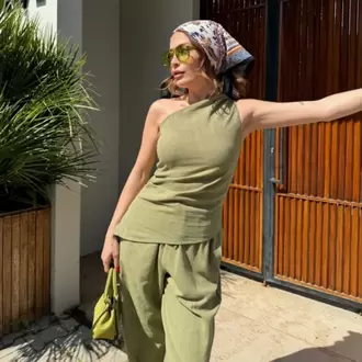Kadın Keten Asimetrik Tek Omuzlu Bluz Pantalon Takım- Su Yeşili