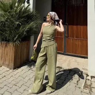Kadın Keten Asimetrik Tek Omuzlu Bluz Pantalon Takım- Su Yeşili
