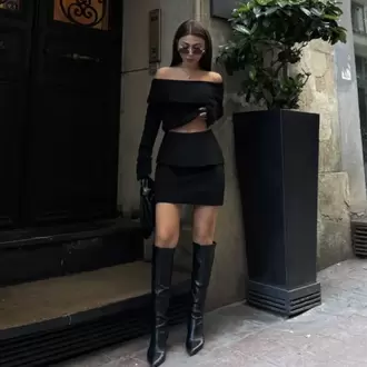 Straplez , Madonna , Carmen Yaka Croplu Mini Etekli ikili Takım Triko - Siyah