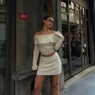 Straplez , Madonna , Carmen Yaka Croplu Mini Etekli ikili Takım Triko - Beyaz