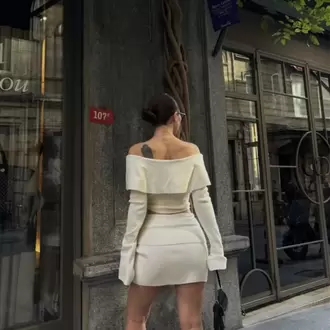 Straplez , Madonna , Carmen Yaka Croplu Mini Etekli ikili Takım Triko - Beyaz