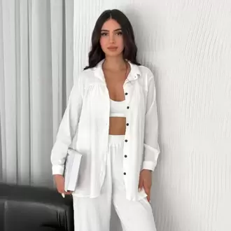 Yakalı Düğmeli Uzun Kollu Gömlek Pantolon ikili Takım - Beyaz