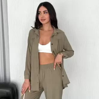 Yakalı Düğmeli Uzun Kollu Gömlek Pantolon ikili Takım - Bej