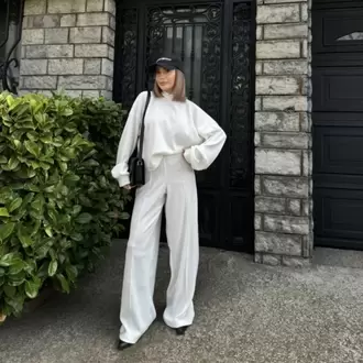 Crop, Pantolon Fitilli İkili Takım -Beyaz