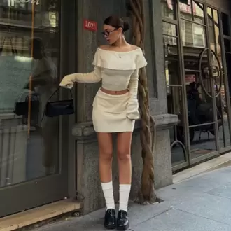 Straplez , Madonna , Carmen Yaka Croplu Mini Etekli ikili Takım Triko - Beyaz