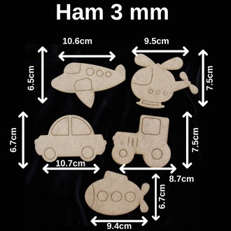 Boyanabilir Ahşap Taşıt Figürleri - Boyama Etkinlikleri 5'li Set (3 mm Ham(Kahverengi))