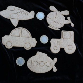 Boyanabilir Ahşap Taşıt Figürleri - Boyama Etkinlikleri 5'li Set (3 mm Ham(Kahverengi))