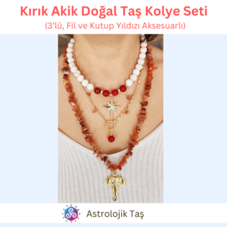 Kırık Akik Doğal Taş Kolye Seti (3’lü, Fil ve Kutup Yıldızı Aksesuarlı)