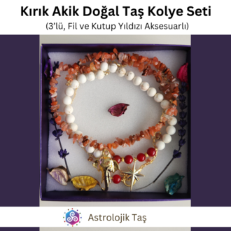 Kırık Akik Doğal Taş Kolye Seti (3’lü, Fil ve Kutup Yıldızı Aksesuarlı)