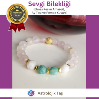 Sevgi Bilekliği (Elmas Kesim Amazoit, Ay Taşı ve Pembe Kuvars)