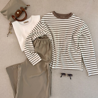 Çizgili İnce Bej Sweatshirt