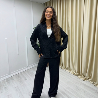 Siyah Leopar Desenli Saten Takım