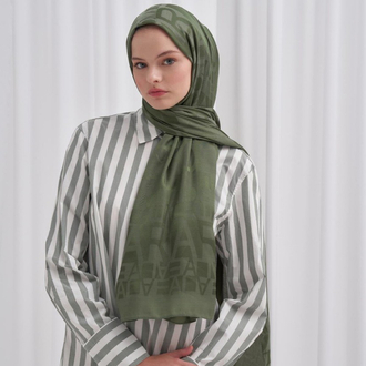 Yazı Desen Jakar İtalyan İpekli Şal - Forest Green 