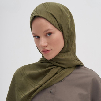 Simetrik Desen Jakar İtalyan İpekli Şal - Olive Green 