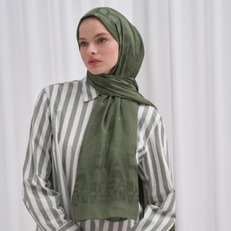 Yazı Desen Jakar İtalyan İpekli Şal - Forest Green 