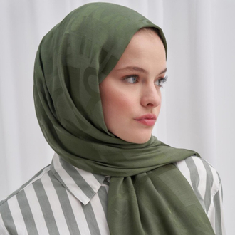 Yazı Desen Jakar İtalyan İpekli Şal - Forest Green 