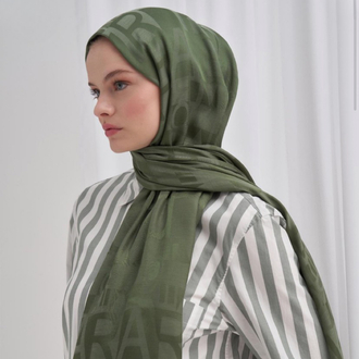 Yazı Desen Jakar İtalyan İpekli Şal - Forest Green 