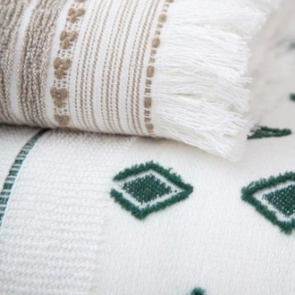Ecocotton Imre Bej-Yeşil "m-L" Organik Pamuk Müslin Jakarlı Aile Bornoz Seti
