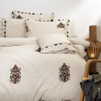 Ecocotton Beria Pamuk Keten El Nakışlı Çift Kişilik Bej Nevresim Takımı 