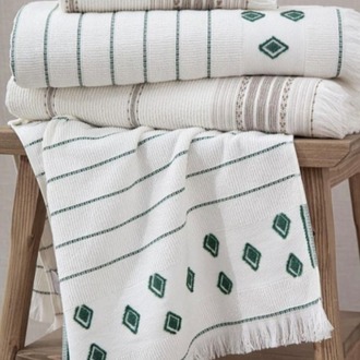 Ecocotton Imre Bej-Yeşil "m-L" Organik Pamuk Müslin Jakarlı Aile Bornoz Seti