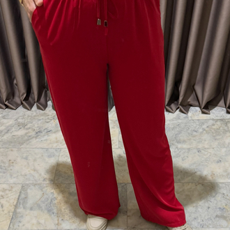 Kırmızı bol paça saten dokulu pantolon