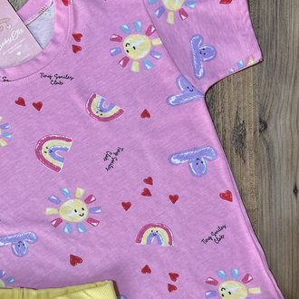 Pembe güneş desenli oversıze t-shirt diz üstü sarı bisikletçi tayt takım