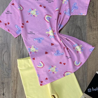 Pembe güneş desenli oversıze t-shirt diz üstü sarı bisikletçi tayt takım
