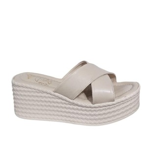 Bej Renk  Bayan Dolgu topuk Çarpraz Bant Rahat Bayan Terlik