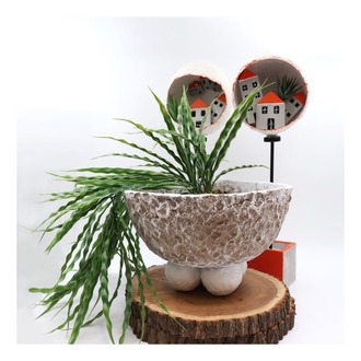 Papier Mache Dört Pamuk Topçuk - Ayaklı Yuvarlak Kase - Naturel ve Beyaz