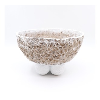 Papier Mache Dört Pamuk Topçuk - Ayaklı Yuvarlak Kase - Naturel ve Beyaz