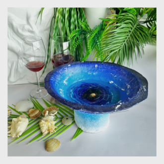 Papier Mache Girdap Kaideli Yuvarlak Kase - Mavi, Lacivert, Beyaz