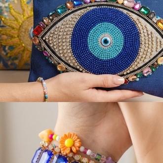 Mavi göz detaylı clutch çanta & bileklik seti