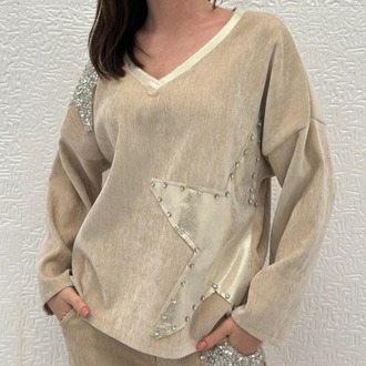 İTHAL PARLAK YILDIZ DESEN KADİFE BLUZ 