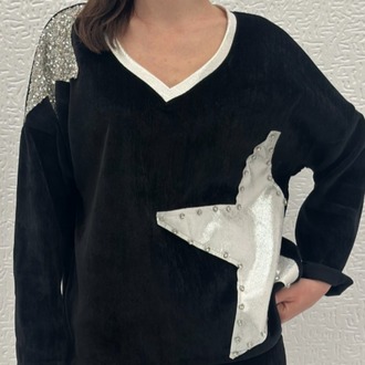 İTHAL PARLAK YILDIZ DESEN KADİFE BLUZ 