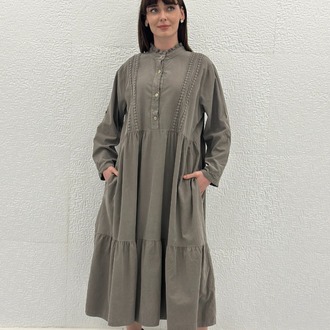İTHAL YARIM DÜĞMELİ DÜZ KADİFE ELBİSE 