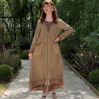 YAZLIK PAMUKLU KUMAŞ ASTARLI OYA İŞLEMELİ TESETTÜR UZUN KAP - CAMEL - 9202