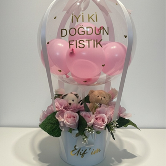 Ayıcıklı Çiçekli Doğum günü hediye Balon kutusu