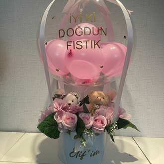 Ayıcıklı Çiçekli Doğum günü hediye Balon kutusu