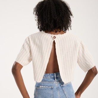 Keten Viskon Sırtı Açık Çizgili Crop