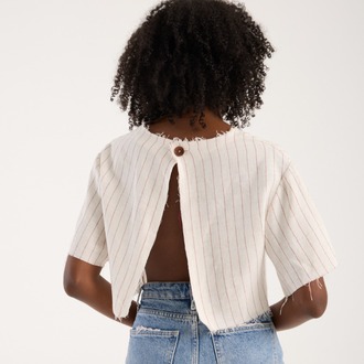 Keten Viskon Sırtı Açık Çizgili Crop