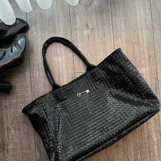Süet Siyah Hasır Deri Maxi ShoppingBag 